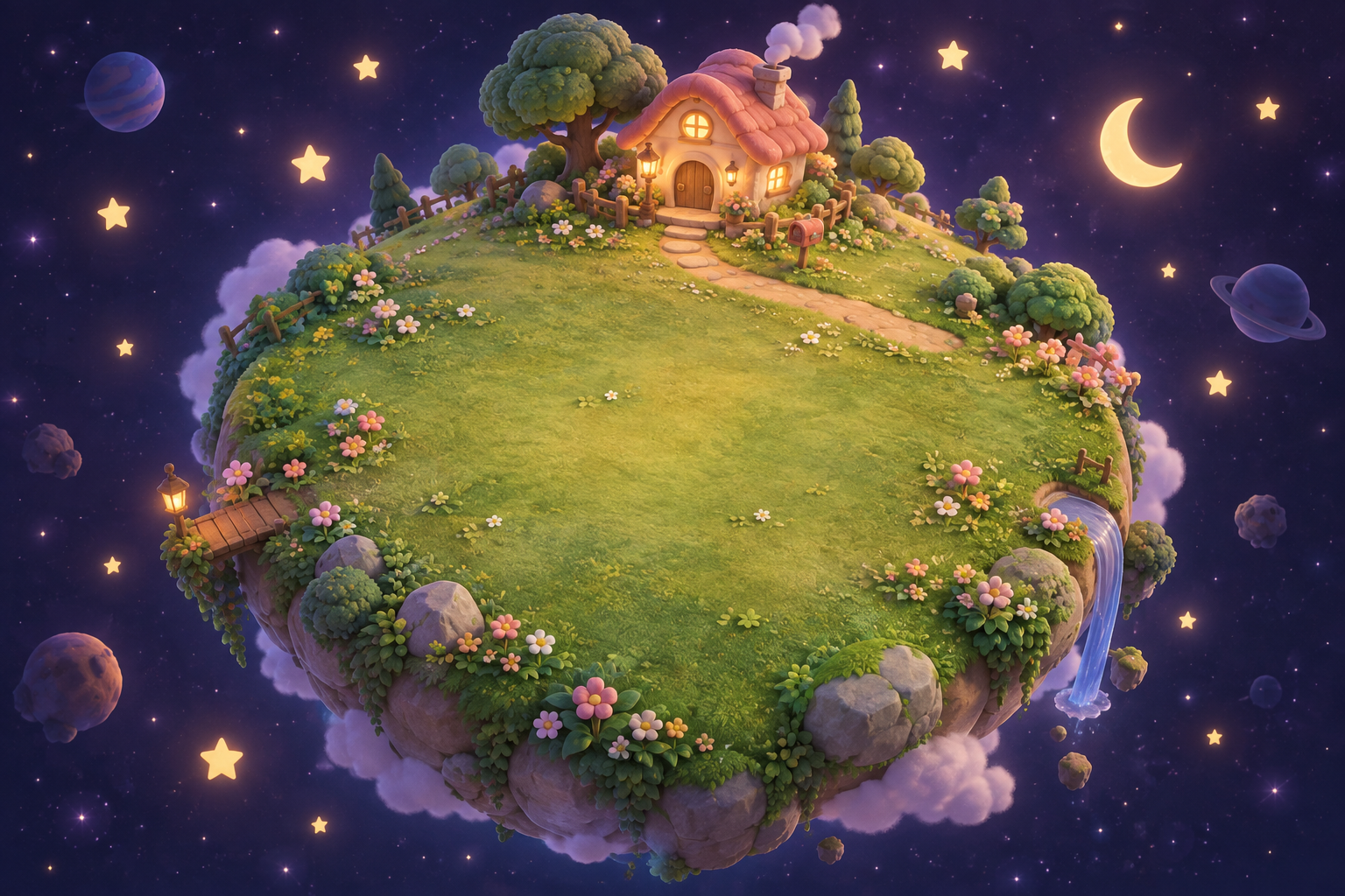 有小屋、花园和星光的浮空小星球